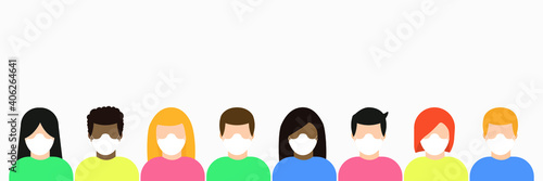 Men and women wearing medical masks standing together. People group wearing surgical masks for prevention and safety. Prevent disease, flu, virus, contaminated air, world pollution. flat style.