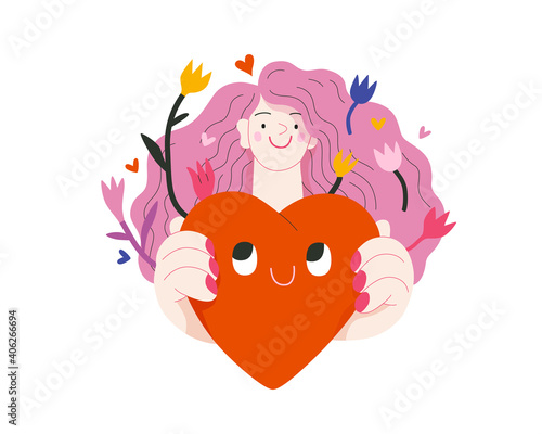 Woman giving a heart - Valentines day graphics. Modern flat vector concept illustration - a young woman holding the big heart. Hearts and flowers. Cute characters in love concept