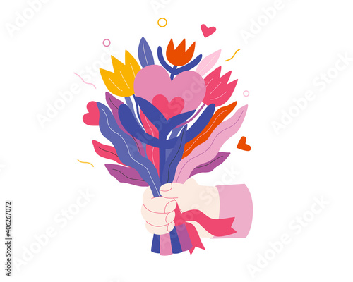 Bouquet - Valentines day graphics. Modern flat vector concept illustration - a hand holding a bunch of flowers with growing hearts. Cute characters in love concept