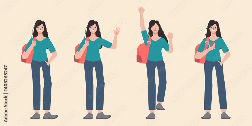 Collection of backpack traveling woman character pose. Collection of backpack traveling woman character pose.