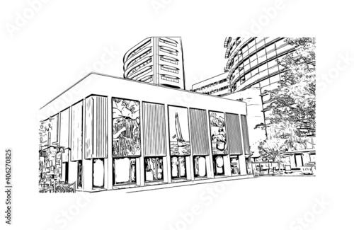 Building view with landmark of Darwin is the capital of Australia. Hand drawn sketch illustration in vector.