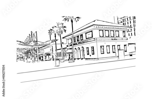 Building view with landmark of Darwin is the capital of Australia. Hand drawn sketch illustration in vector.