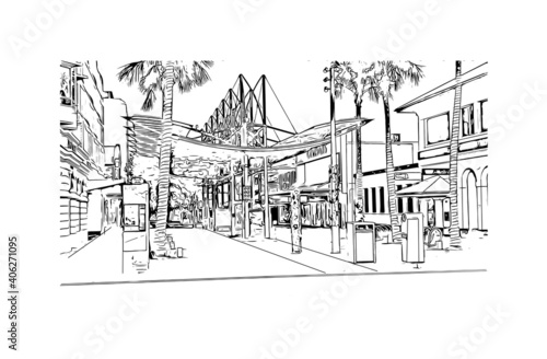 Building view with landmark of Darwin is the capital of Australia. Hand drawn sketch illustration in vector.