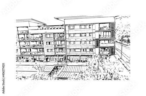 Building view with landmark of Darwin is the capital of Australia. Hand drawn sketch illustration in vector.