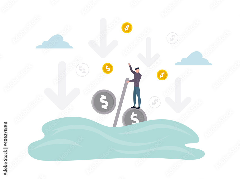 Default. A person stands on a percentage drowning in water, one hand is raised up, coins are instead of percentage circles, against the background of a down arrow. Vector illustration.