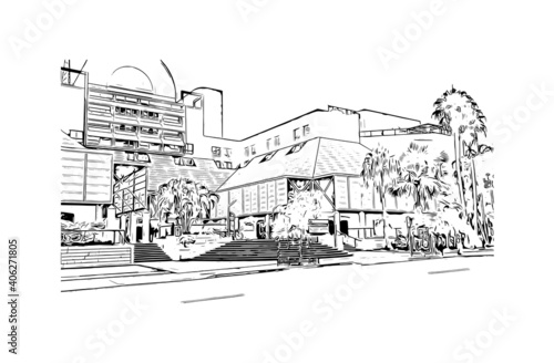 Building view with landmark of Darwin is the capital of Australia. Hand drawn sketch illustration in vector.