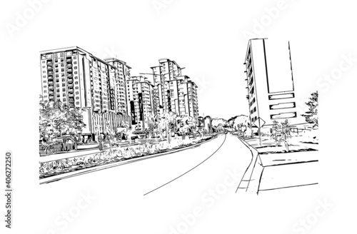 Building view with landmark of Darwin is the capital of Australia. Hand drawn sketch illustration in vector.
