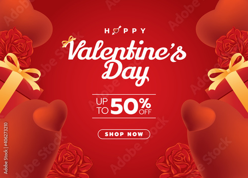 Valentines day sale 50% off on red background