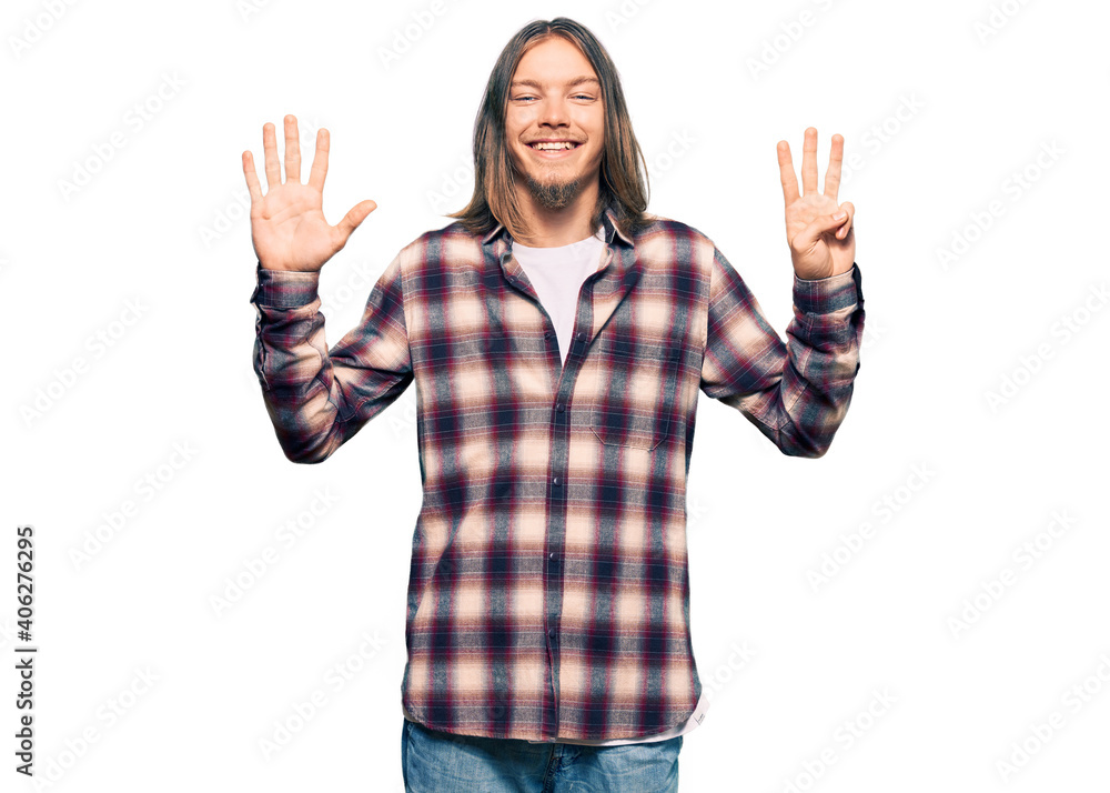 Handsome caucasian man with long hair wearing hipster shirt showing and pointing up with fingers number eight while smiling confident and happy. Handsome caucasian man with long hair wearing hipster shirt showing and pointing up with fingers number eight while smiling confident and happy.