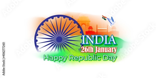 Vector illustration of Happy Republic day concept banner, 26 January, national holiday of India, Indian flag, pigeon, illustration poster.