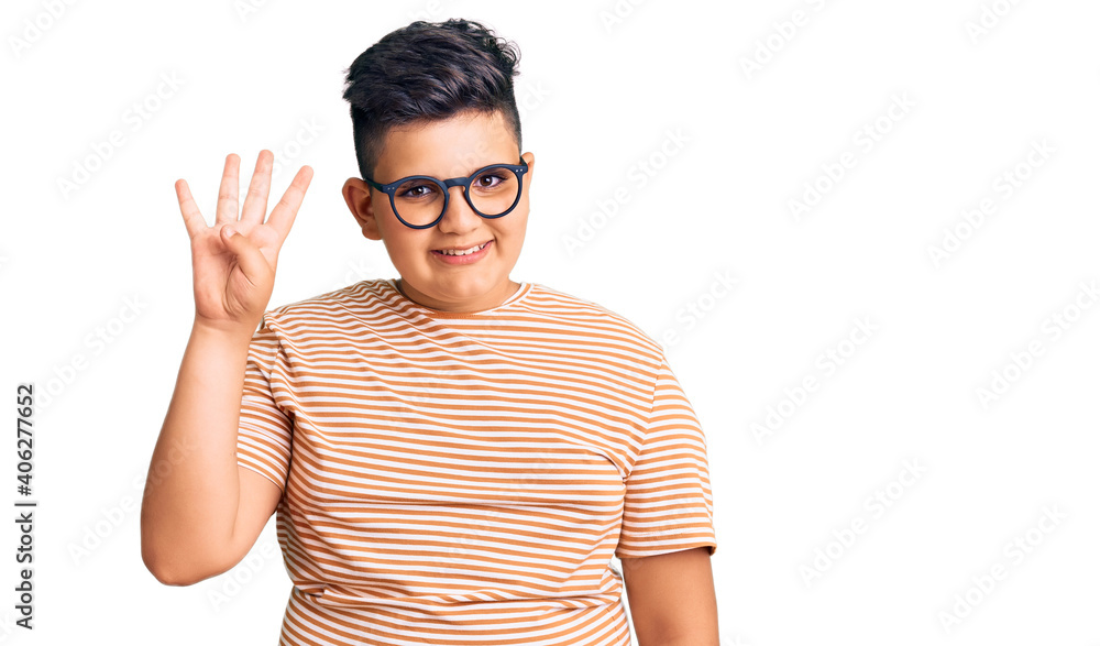 Little boy kid wearing casual clothes and glasses showing and pointing up with fingers number four while smiling confident and happy. Little boy kid wearing casual clothes and glasses showing and pointing up with fingers number four while smiling confident and happy.