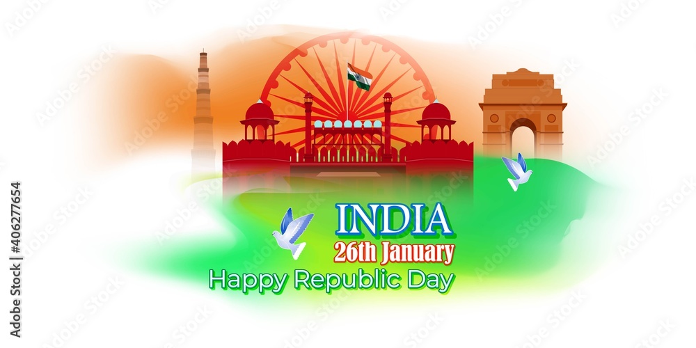 Fototapeta premium Vector illustration of Happy Republic day concept banner, 26 January, national holiday of India, Indian flag, pigeon, illustration poster.
