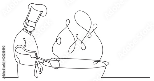 continuous line drawing of chef cooking big meal wearing face mask