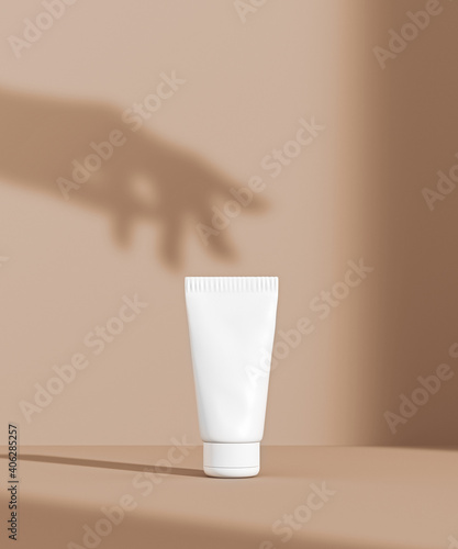 Cosmetic product display with elegant female hand shadow, color podium for skin care product presentation, 3d rendering