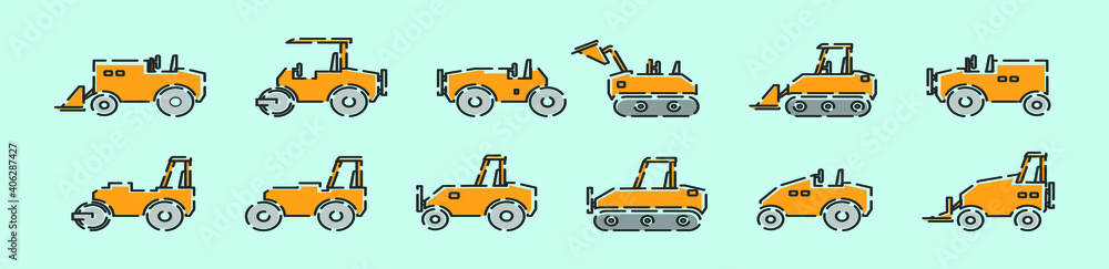 set of road roller cartoon icon design template with various models. vector illustration isolated on blue background