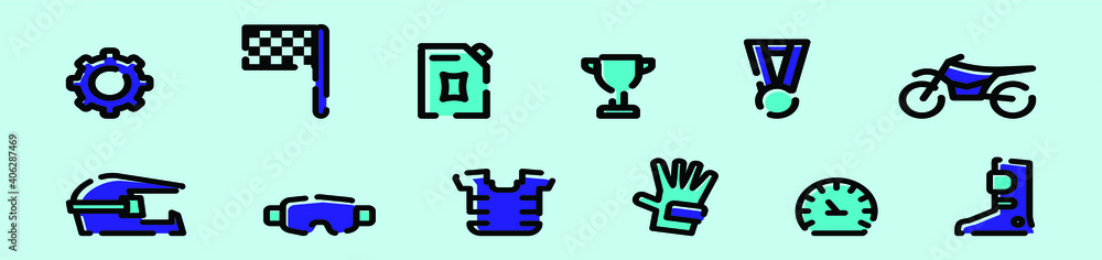 set of motor cross cartoon icon design template with various models. vector illustration isolated on blue background set of motor cross cartoon icon design template with various models. vector illustration isolated on blue background