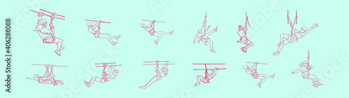 set of people in zip line cartoon icon design template with various models. vector illustration isolated on blue background