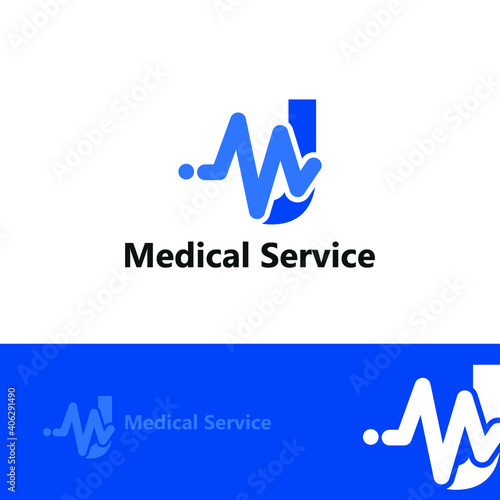 J initial letter for medical clinic with impulse wave signal, heartbeat, equalizer icon. Hospital, radio, art, sound wave, electronic, technology, healthcare logo idea concept