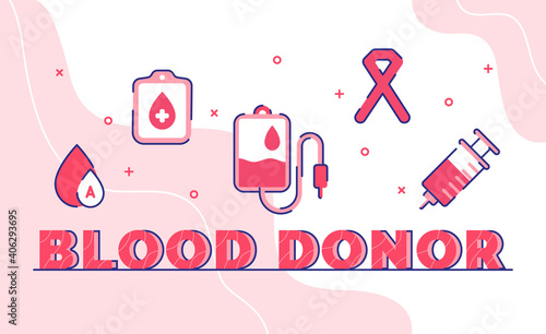blood donor typography word art background of blood drop pack bag ribbon syringe with outline style