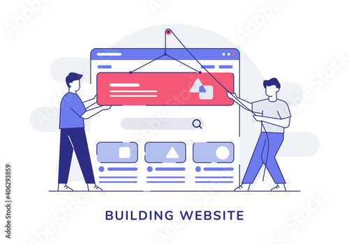 building website character collaboration programmer developer pulley ui wireframe with outline style