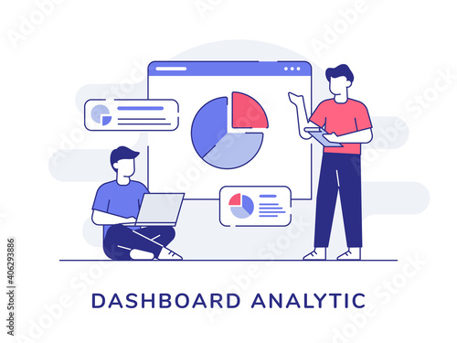 dashboard analytic character men collaboration analyzing statistic chart with outline style