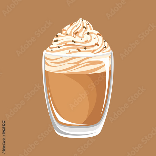 Pumpkin spice latte in tall glass cup with whipped cream and sprinkles. Cafe restaurant menu beverage drink vector illustration.