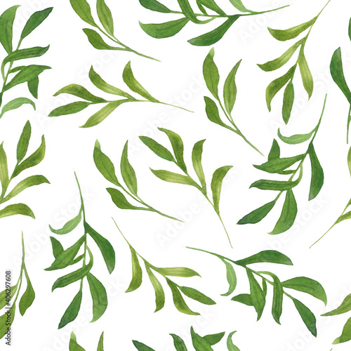 Seamless hand drawn watercolor pattern with green wild herbs flowers leaves in wood woodland forest. Organic natural plants, floral botanical design for wallpapers textile wrapping paper wedding