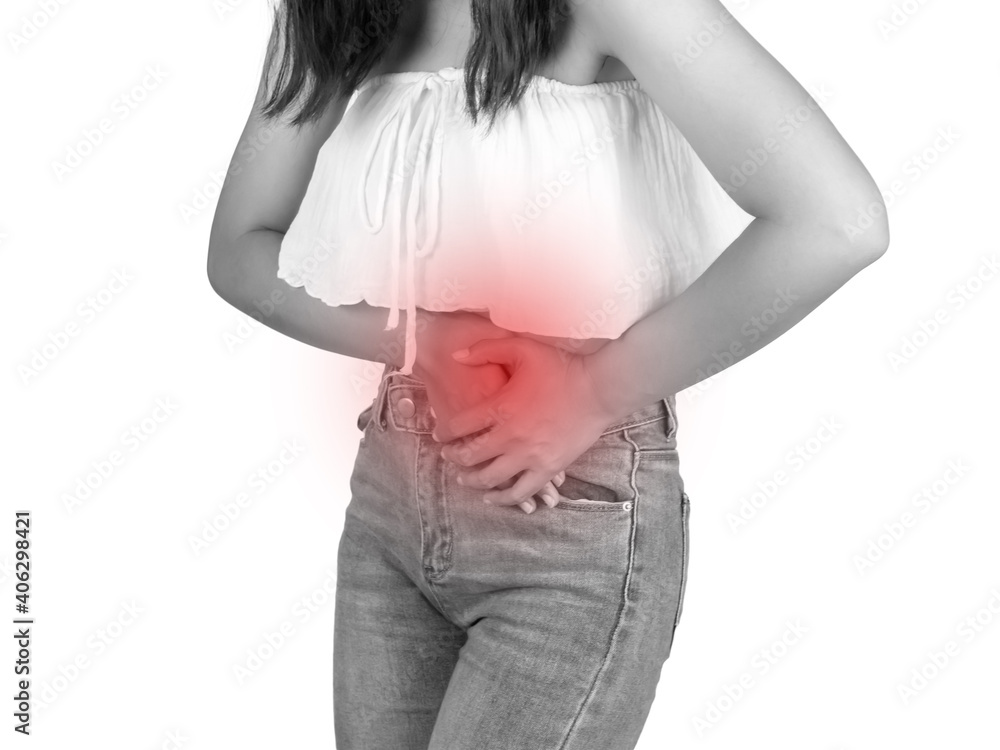Woman with both palm around waistline to show pain and injury on belly area. Medical health care concept. Woman with both palm around waistline to show pain and injury on belly area. Medical health care concept.