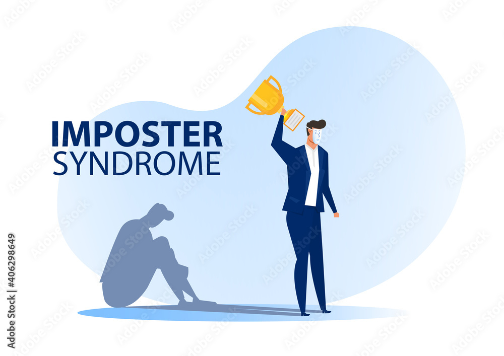 Imposter syndrome.man standing for her present profile with fear shadow behind. Anxiety and lack of self confidence at work; the person fakes is someone else concept Imposter syndrome.man standing for her present profile with fear shadow behind. Anxiety and lack of self confidence at work; the person fakes is someone else concept