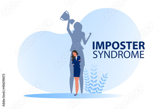 Imposter syndrome.shadow woman standing for her present profile take award with Anxiety and lack of self confidence at work; the person fakes is someone else concept photo