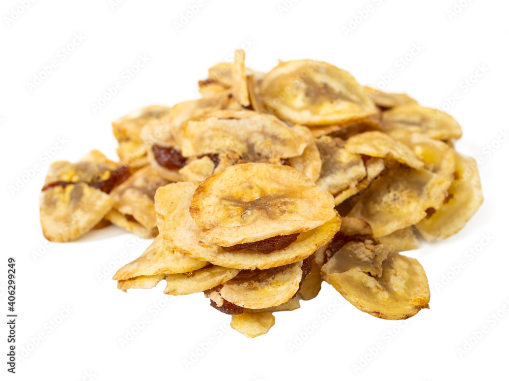 Dried banana slices on white background.
