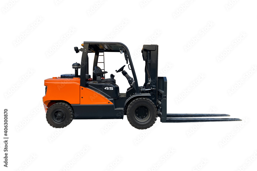 Orange forklift in warehouse on white background isolated and clipping path Orange forklift in warehouse on white background isolated and clipping path
