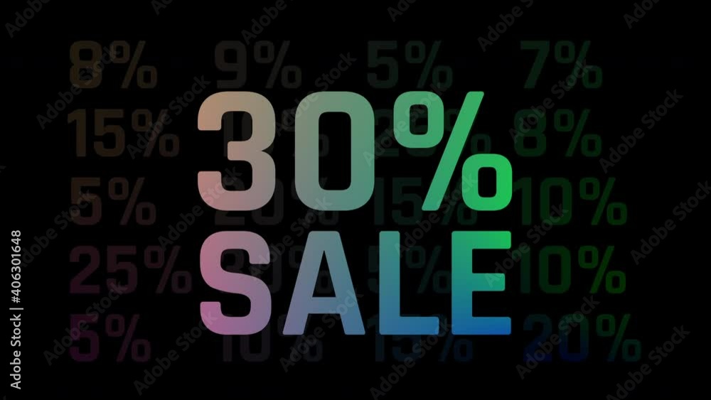 30 percent discount sale animation on black background