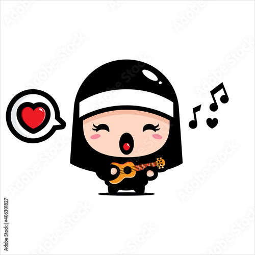 cute nun character design playing guitar