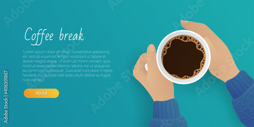 Coffee break landing page template. Break at work, relaxation during lunch, coffee shop, cafe web page, website design. Top view of male hands holding cup of espresso drink flat vector illustration