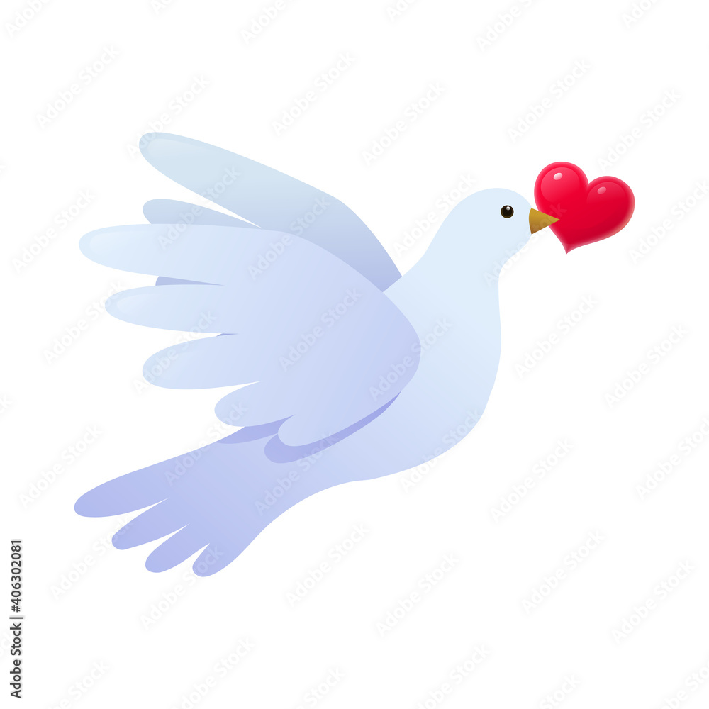 Fototapeta premium Flying white dove carrying red heart. Wedding and Valentines Day symbol. Pigeon bird romantic love sign vector illustration isolated on white background