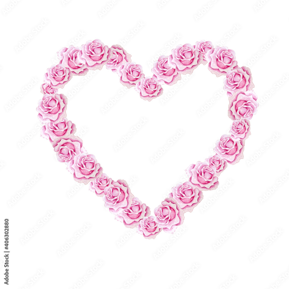 Watercolor floral wreath Valentine's day pink roses