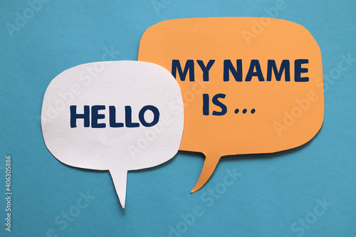 Hello my name is, text words typography written on paper against blue background, life and business motivational inspirational photo