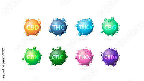 Chemical formula of marijuana leaves, collection of 3D chemical elements of marijuana leaves isolated on white background