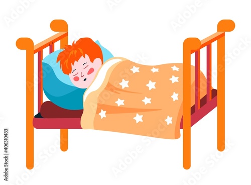 Sleeping redhead child, boy asleep in bed vector