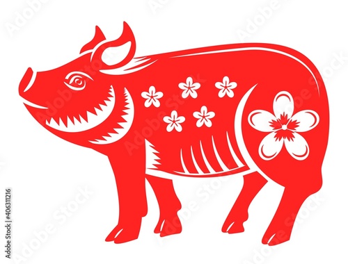 Pig animal Chinese horoscope sign with flower