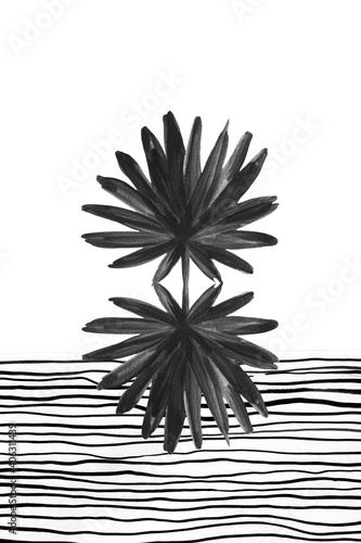 Rough texture, tropical leaf pattern. Watercolor palm leaf on striped background