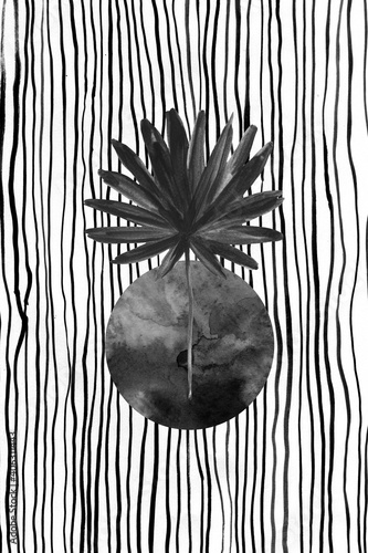 Rough texture, tropical leaf pattern. Watercolor palm leaf on striped background