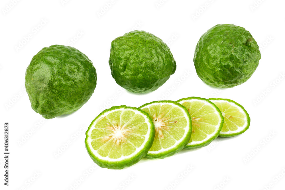 fresh bergamot fruit, Kaffir Lime, Citrus bergamia with leaf isolated on white background fresh bergamot fruit, Kaffir Lime, Citrus bergamia with leaf isolated on white background