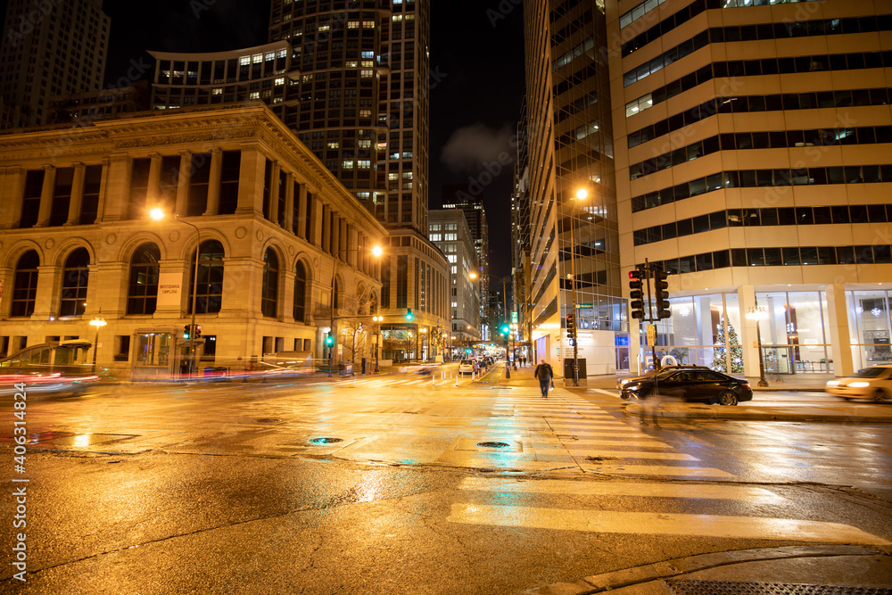 Chicago, Illinois, USA - December 23 2020: N Michigan Ave at night. Downtown Chicago.