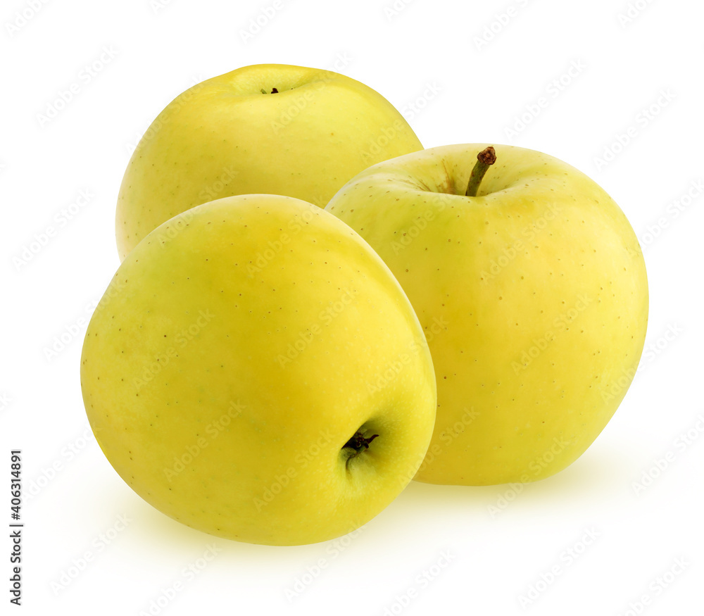 three yellow apples, isolated on a white background with a clipping path. three yellow apples, isolated on a white background with a clipping path.