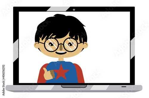 Asian boy on laptop screen