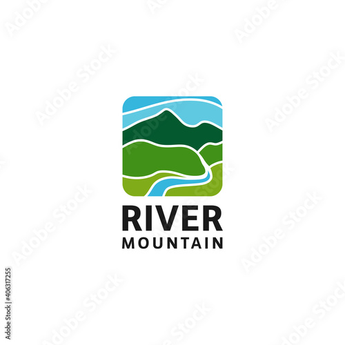 Mountain landscape  peak river creek logo vector template
