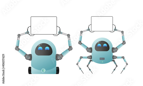 A small futuristic robot holds a white sign with space for text. Isolated. Vector.