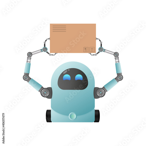 A small futuristic robot is holding a box. Cargo delivery concept. Isolated. Cartoon style. Vector illustration.